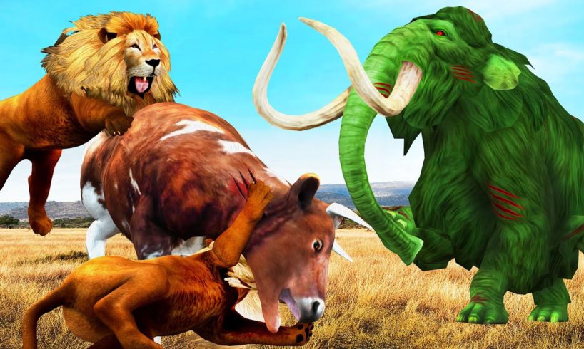 Zombie Mammoth VS Cow Cartoon Saved By Mammoth Elephant Lion Attack Animal Fight Wild Animals Battle