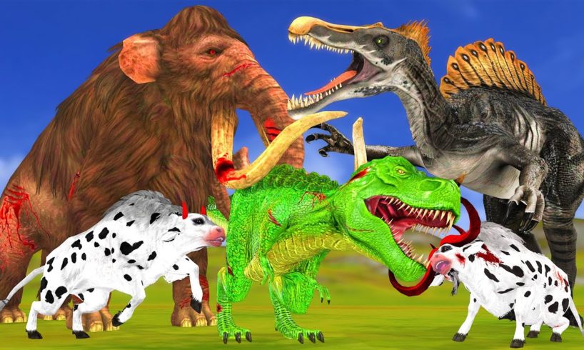 Zombie Mammoth VS Spinosaurus T-rex Dinosaur Attack Cartoon Cow Rescue Mammoth Animal Fight Battle