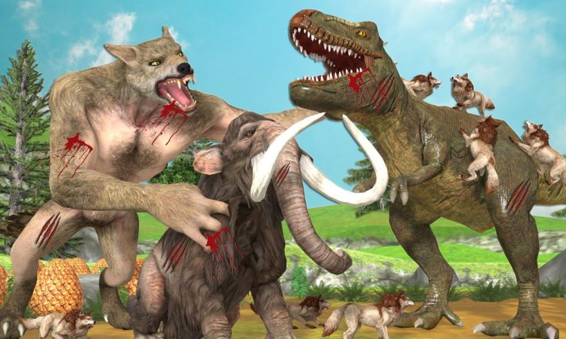 Giant Dinosaur vs Giant Wolf Fight Cartoon Cow Saved by Woolly Mammoth Elephant Animal Fights