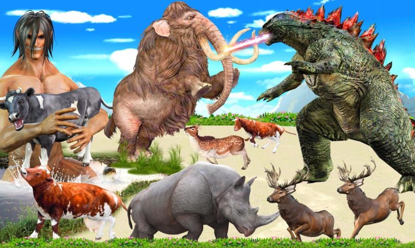 Attack on titan WoolyMammoth Vs GodzillaVS Rhyno Monster Fight Cow Family Rescue epic Animal Fight