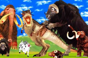 Monster Dinosaur vs Zombie Mammoth Animal Fights T-rex Chase Cartoon Cow Baby Elephant Mammoth Saved