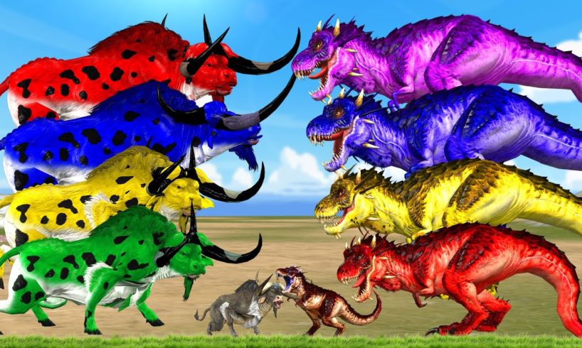 5 Colors Giant Bull Vs 5 Zombie Dinosaurs Fight Cow Cartoon Saved By 5 Colors Bull Animal Battle