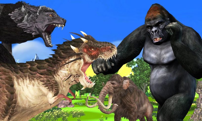 Dinosaur vs Mammoth Giant Wolf vs Giant Gorilla Giant Animal Fights Cartoon wild animal Battle Video