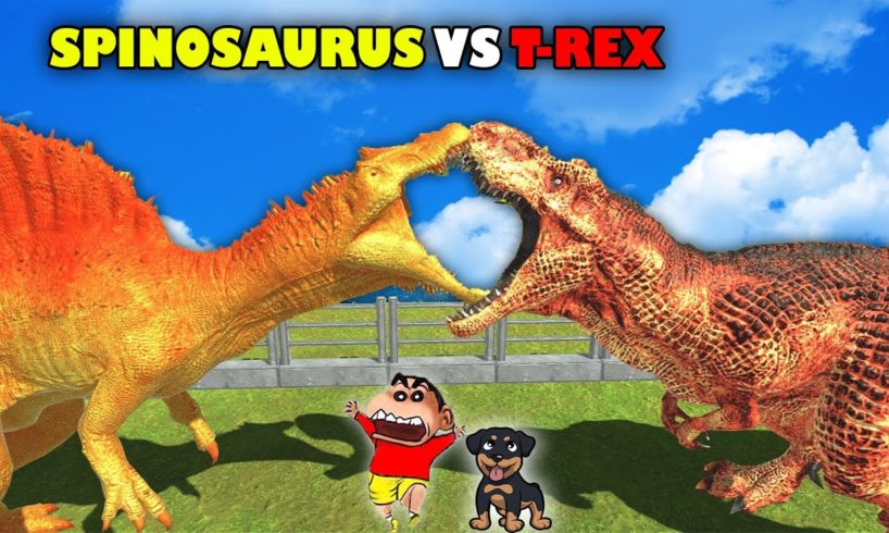 SHINCHAN and CHOP Fights T-REX vs SPINOSAURUS DINOSAUR😱 |Animal Revolt Battle Simulator|😂Funny Hindi