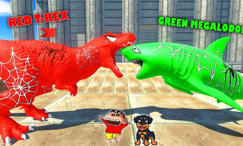 SPIDERMAN T-REX vs MEGALODON😱| SHINCHAN and CHOP fight DINOSAURS😂Funny game in Hindi animal revolt