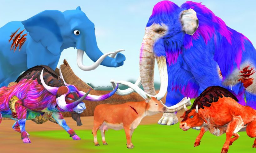 Elephant, Cow Cartoon Vs Zombie Bulls Attack Woolly Mammoth Animal Help Rescue Cow Battle Fight