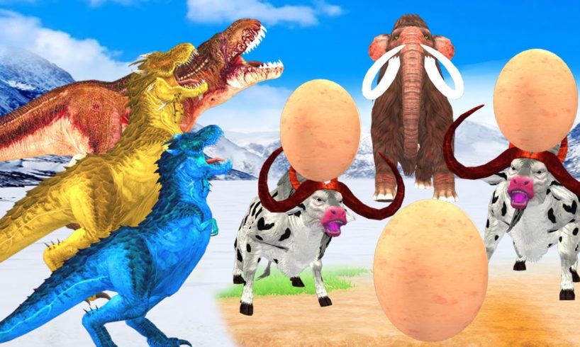 5 Giant Dinosaurs vs Big Bull Fight Cartoon Cow Rescue Saved By Woolly Mammoth Animal Fight Battle