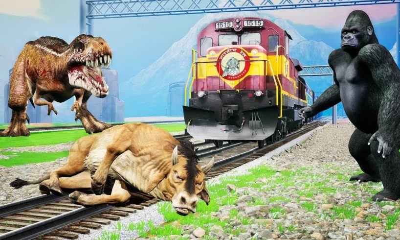 Dinosaur vs King Kong Fight Buffalo On Train Track King Kong Saved Buffalo Giant Animal Fights Video