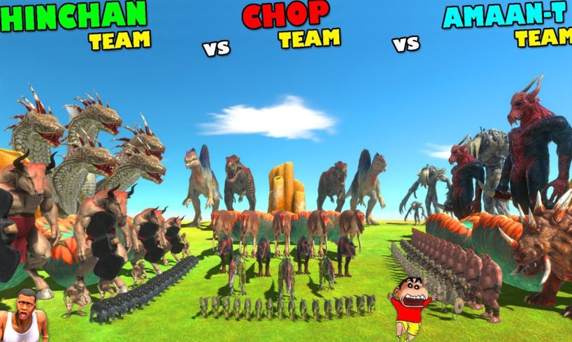 SHINCHAN UPGRADED TEAM vs CHOP TEAM vs AMAAN TEAM in Animal Revolt Battle Simulator | Dinosaur Game