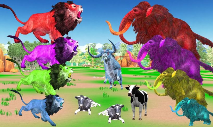 10 Zombie Lions vs 10 Zombie Mammoths Fight Cartoon Cow Rescue By Woolly Mammoth Wild Animal Revolt