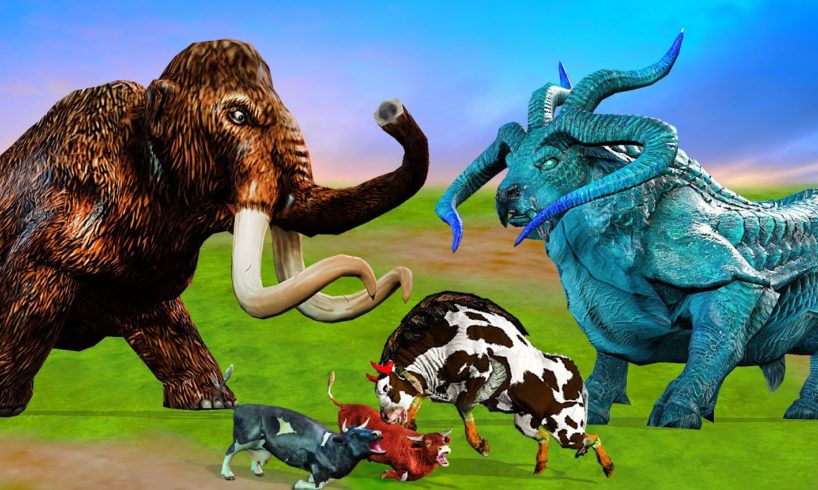 Woolly Mammoth vs Zombie Bull Fight Cow Cartoon Buffalo Saved By Mammoth Elephant Wild Animals Video