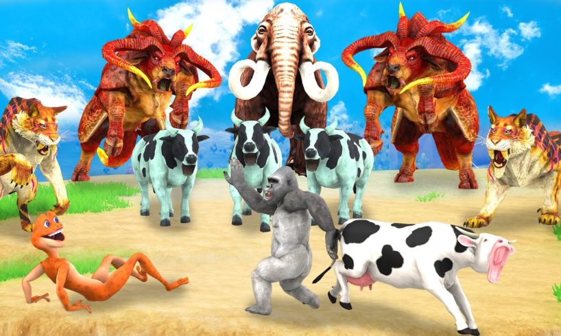 10 Zombie Cows vs 10 Zombie Tigers vs 10 Giant Buffalos Fight For Cow Cartoon Saved By Woolly Mammot