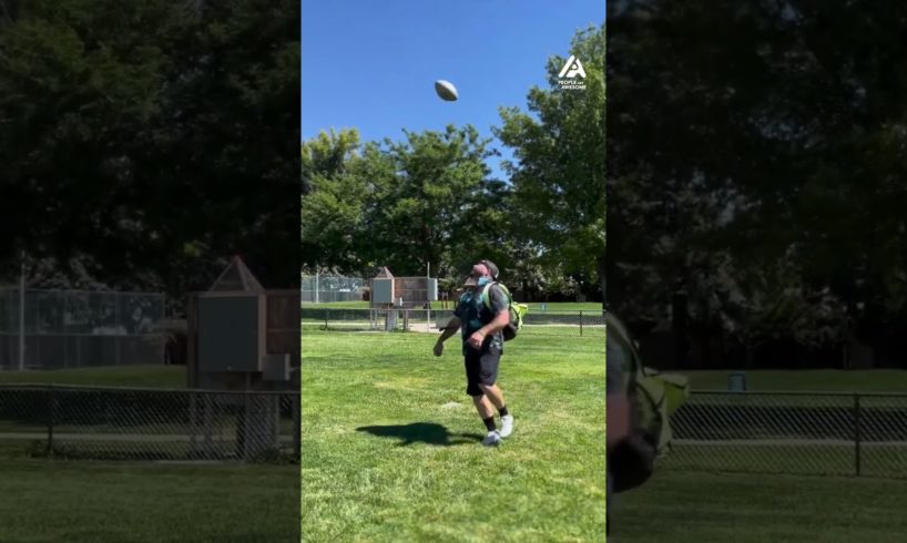 Guy Kicks Rugby Ball and Puts it Inside His Backpack