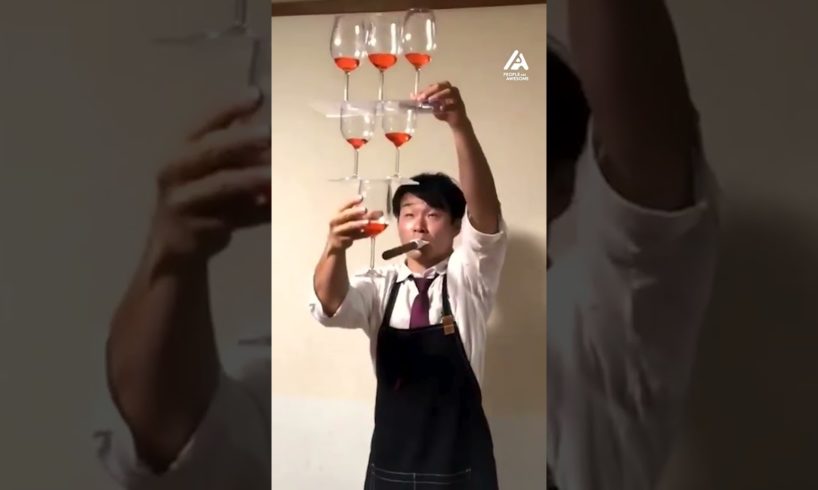 Waiter Performs Trick While Balancing 6 Wine Glass Pyramid | People Are Awesome #oddlysatisfying