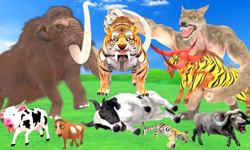 2 Giant Buffaloes Fight Wolf Attack Cow Cartoon Saved by Tiger Bull Woolly Mammoth Elephant Vs Wolf