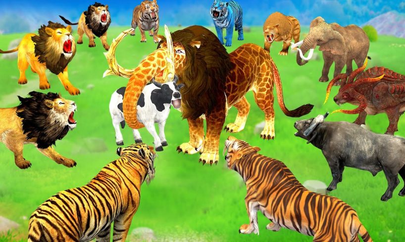 Mammoth Elephant vs 10 Giant Tiger Lion vs 10 Cow Buffalo Fight Cow Buffalo Saved By Monster Lion