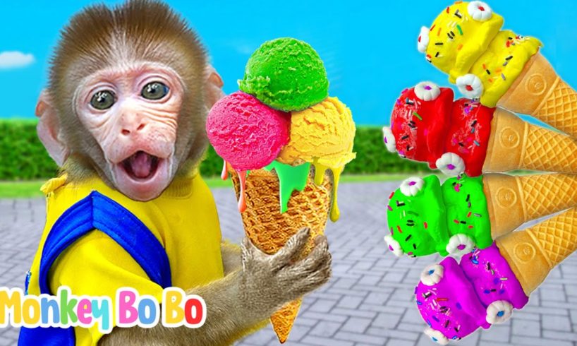 Monkey Bo Bo explores Four Color Ice Cream Vending Machine | Animal Monkey Bo Bo