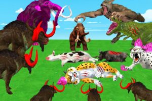 10 Tiger Wolf Fight 10 Zombie Buffalo Rescue Baby Cow Elephant Saved by 3 Woolly Mammoth Dinosaur