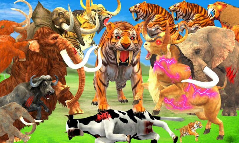 10 Woolly Mammoth vs 10 African Elephant vs 10 Tiger Big Bull Attack Cow Buffalo Saved By Mammoth