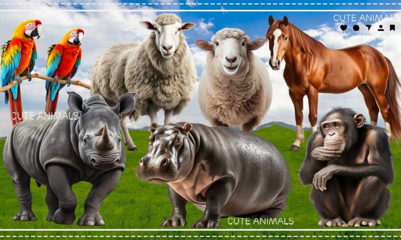 Amazing Familiar Animals Playing Sounds: Parrot, Hippo, Horse, Orangutan, Rhino - Cute Little Animal