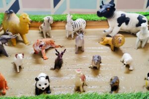 Wild, Desert, Zoo and Farm Animals Playing Adventure in the Muddy kids’ Sandbox