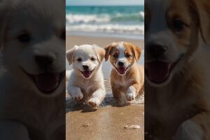 cute puppies playing on beach