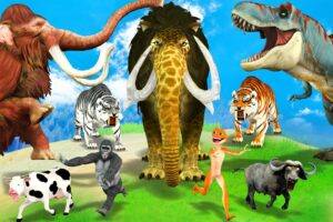 10 Mammoth Elephant Cow vs 10 Giant Lion Tiger vs Zombie Dinosaur Animal Fight Cow Cartoon Rescue