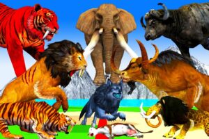 10 Zombie Lion Tigers vs Cow Cartoon Rescue Saved By Woolly Mammoth Elephant Giant Animal Fights