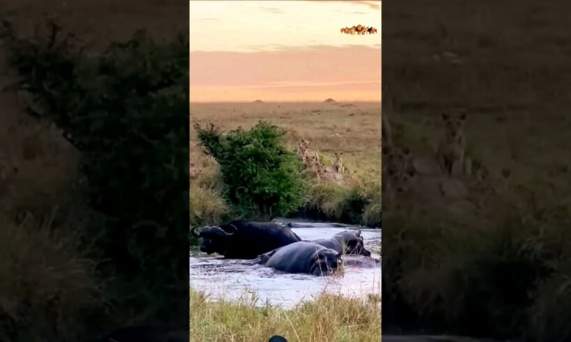 Buffalo vs hippo, Lion 🔥#wildlife #animals #shortsvideo #shortsfeed #viral #shorts #youtubeshorts