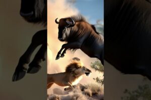 Heart-Stopping Moment: Lion vs. Wildebeest in a Battle for Survival