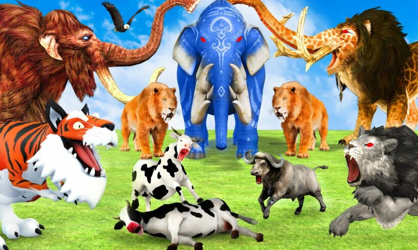 10 Mammoth Elephant Cow Gorilla vs 5 Giant Tiger Dinosaur Fight Baby Cow Saved By Woolly Mammoth