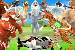 10 Mammoth Elephant Zombie Cow vs 10 Giant Lion Tiger Big Zombie Dinosaur Attack Cow Save By Mammoth