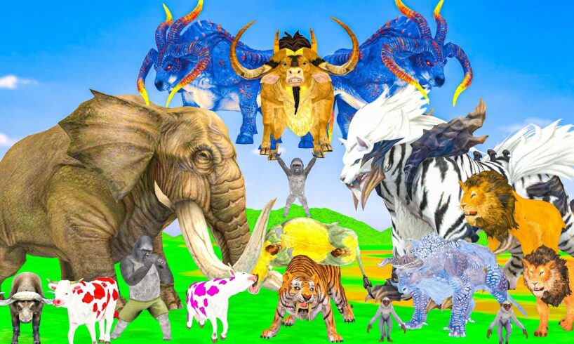 10 Mammoth Elephant Zombie Cow vs 5 Giant Zombie Lion Tiger Bull Fight Buffalo Cow Baby Save Mammoth