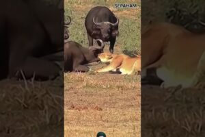 Buffalo Gang vs one Lion 🔥🦁🔥 Fight #viralvideo #wildlife #shortsfeed