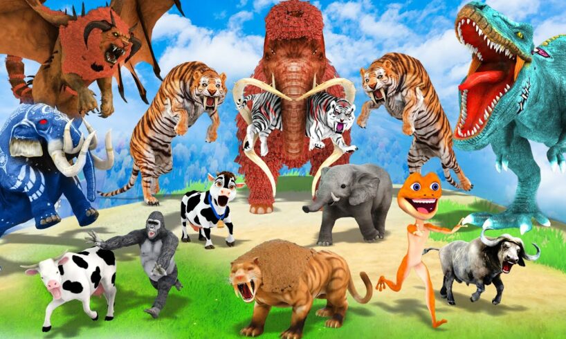 Mammoth Elephant Cow vs Giant Lion vs Zombie Dinosaur Attack Cow Cartoon Baby Elephant Gorilla