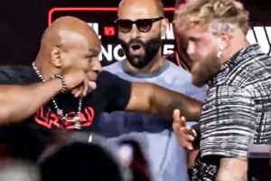 Mike Tyson SWINGS ON Jake Paul & NEARLY F*CKS HIM UP early at HEATED FACE OFF