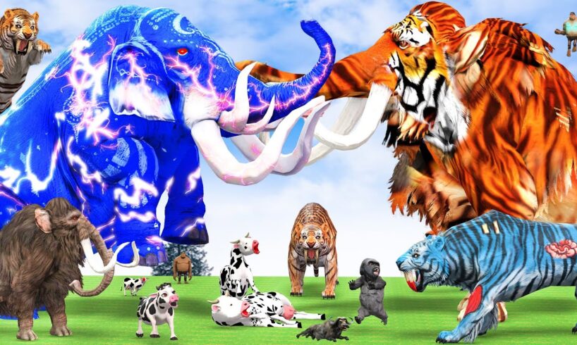 10 Mammoth Elephant vs 10 Elephant Buffalo vs Giant Tiger Wolf Fight Cow Lion Cub Saved by Mammoth