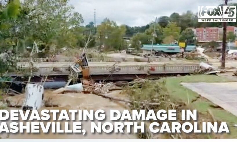 Drone video shows devastating damage in Asheville, NC from Hurricane Helene flooding