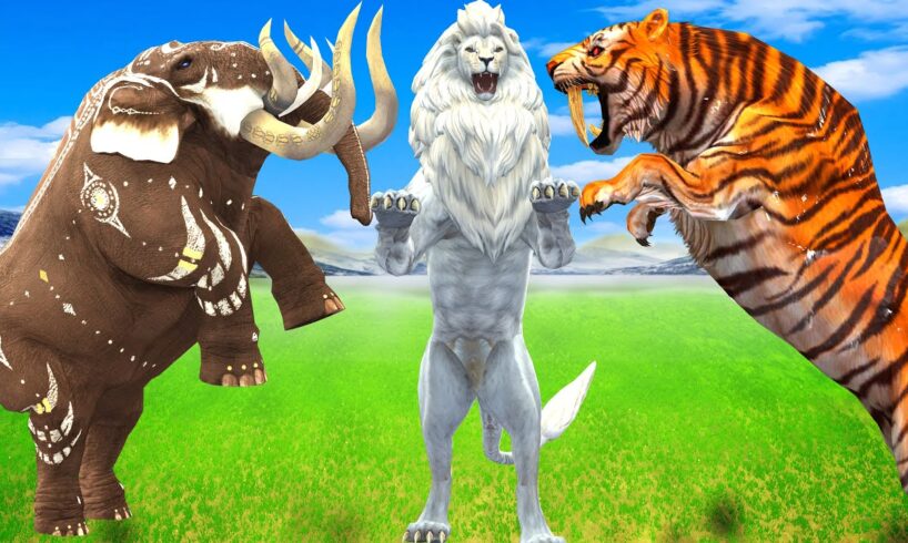 10 Mammoth Elephant vs 10 Big Bull Zombie Elephant vs Giant Tiger Fight Cow Cartoon Saved by Mammoth