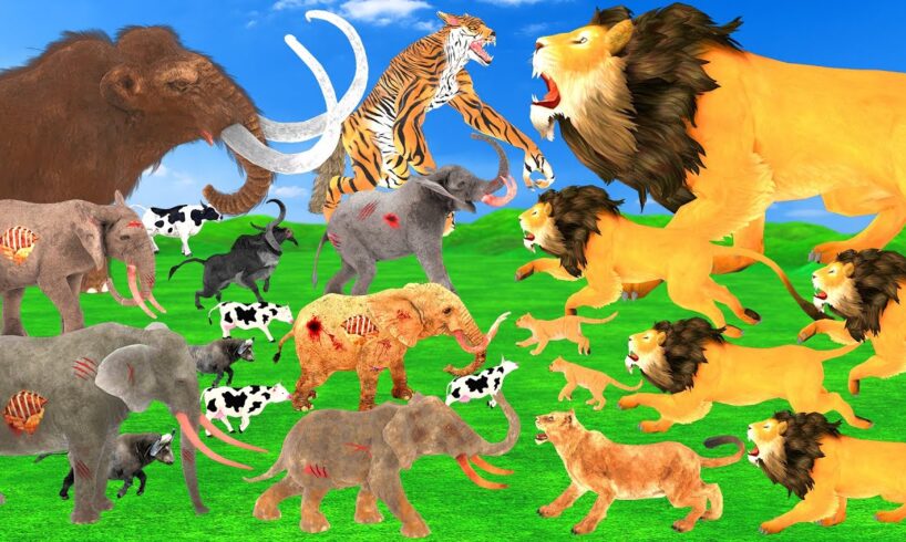 10 Zombie Elephant vs 10 Giant Lion Attack Cow Buffalo Dog Pig Saved By Woolly Mammoth vs Tiger Wolf