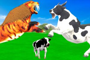 3 Zombie Cows Vs 3 Zombie Buffalos Fight Tiger Chase Cow Cartoon Saved by Woolly Mammoth Elephant