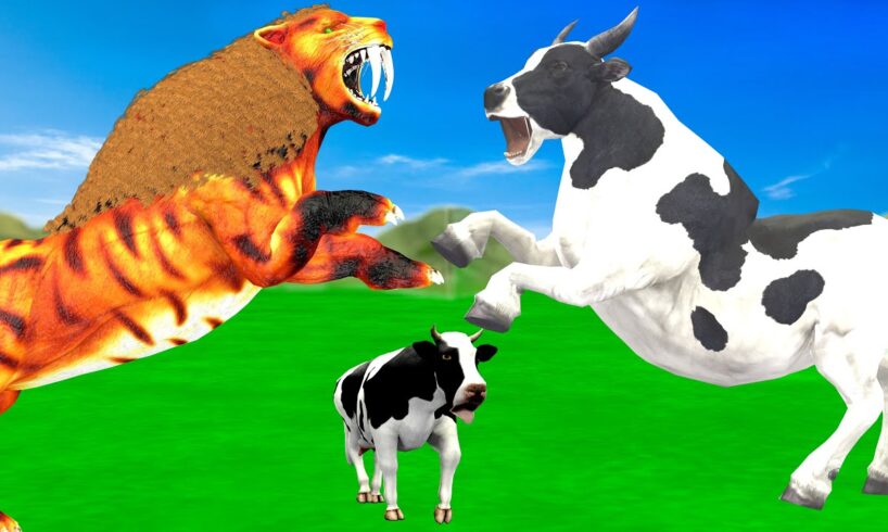 3 Zombie Cows Vs 3 Zombie Buffalos Fight Tiger Chase Cow Cartoon Saved by Woolly Mammoth Elephant