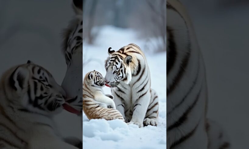 Tiger is Playing with his Cub #tiger #snow #wild #animals #trending