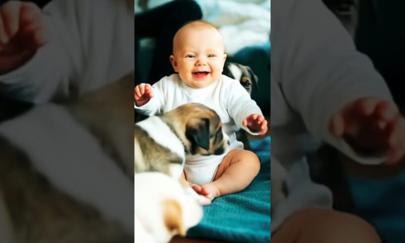 Ai cute baby and dogs are playing #ai #animals #baby #dog #cute #trending#cutebaby #smile #laugh