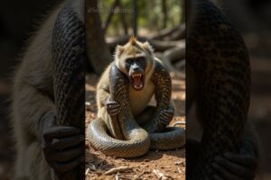 Baboon Monkey and Python Snake Fight