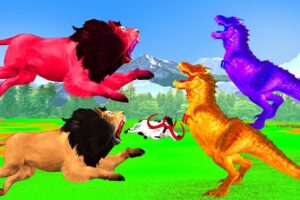 Dinosaur Bull vs Lion Fight Bull Saved By Dinosaur Wild animal revolt battle Animal fights videos