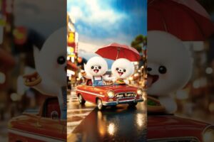 Two cute puppies driving in the rain #cute#dog #animation #cartoon #ai #shorts