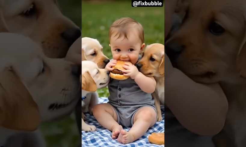 A cute baby👶 with cute puppies🐶 #shorts #puppy