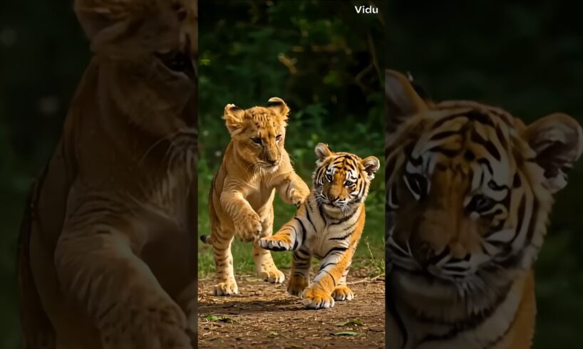 A cute lion cub playing with tiger cub. #animals #lioncubs #viralvideo #viralshorts #wildlife