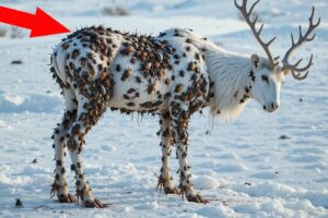 A reindeer was injured by barnacles and parasites, A rescue team successfully rescued the reindeer